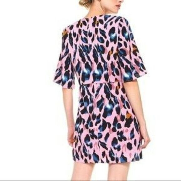 TCEC Lively Leopard Dress Short Sleeve Faux Wrap Keyhole Pink Animal Print - Picture 3 of 15